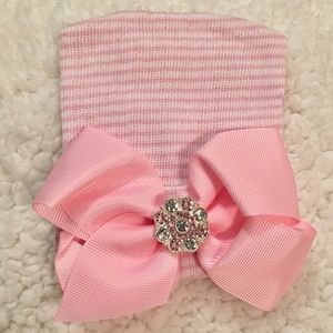 .Newborn Girl Hospital Beanie Pink Big Bow & Gems.